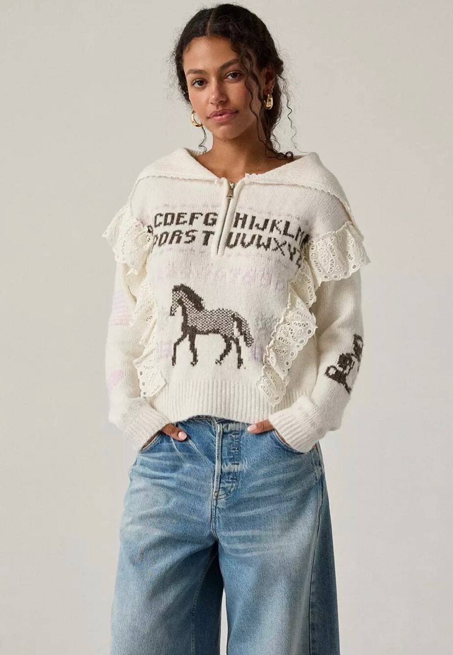 Kimchi Blue Paloma Horse Graphic Lace Ruffle Quarter Zip Sweater XS